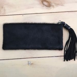 Rafe New York Clutch Purse Black Cowhide and Leather Beaded Tassels